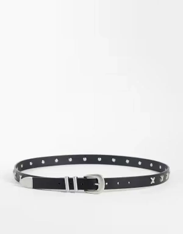 エイソス メンズ アクセサリー ベルト レザー フェイクレザー ASOS DESIGN crosstudded faux leather western belt Black ブラック