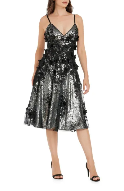 ドレスザポプレーション レディース トップス ワンピース フラワー柄 スパンコール フラワー Dress the Population Tahani Sequin Floral Appliqu Cocktail Dres sILVER-BLACK ブラック