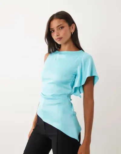 エイソス レディース トップス タンクトップ アシンメトリー サテン ASOS DESIGN satin waterfall sleeve asymmetric top in turquoise ターコイズ