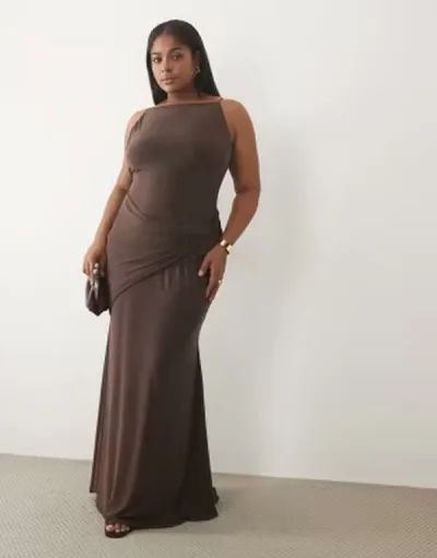 エイソス レディース トップス ワンピース ギャザー マキシ ASOS Curve ASOS DESIGN Curve ruched waist slinky maxi dress BROWN ブラウン