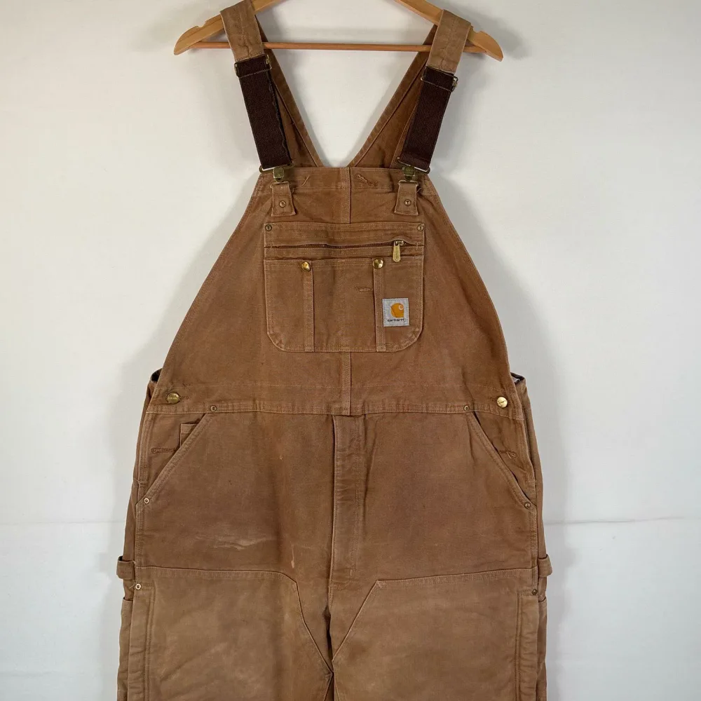 古着 カーハート Carhartt オーバーオール ダック ワンポイントロゴ 大きいサイズ ダブルニー キルティングライナー ワーク 46x32 ブラウン系 メンズ 【中古】