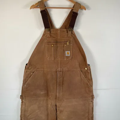古着 カーハート Carhartt オーバーオール ダック ワンポイントロゴ 大きいサイズ ダブルニー キルティングライナー ワーク 46x32 ブラウン系 メンズ 【中古】