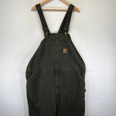古着 カーハート Carhartt ダック オーバーオール 大きいサイズ 中綿 ダブルニー ワンポイントロゴ 50x32 グリーン系 メンズ 【中古】