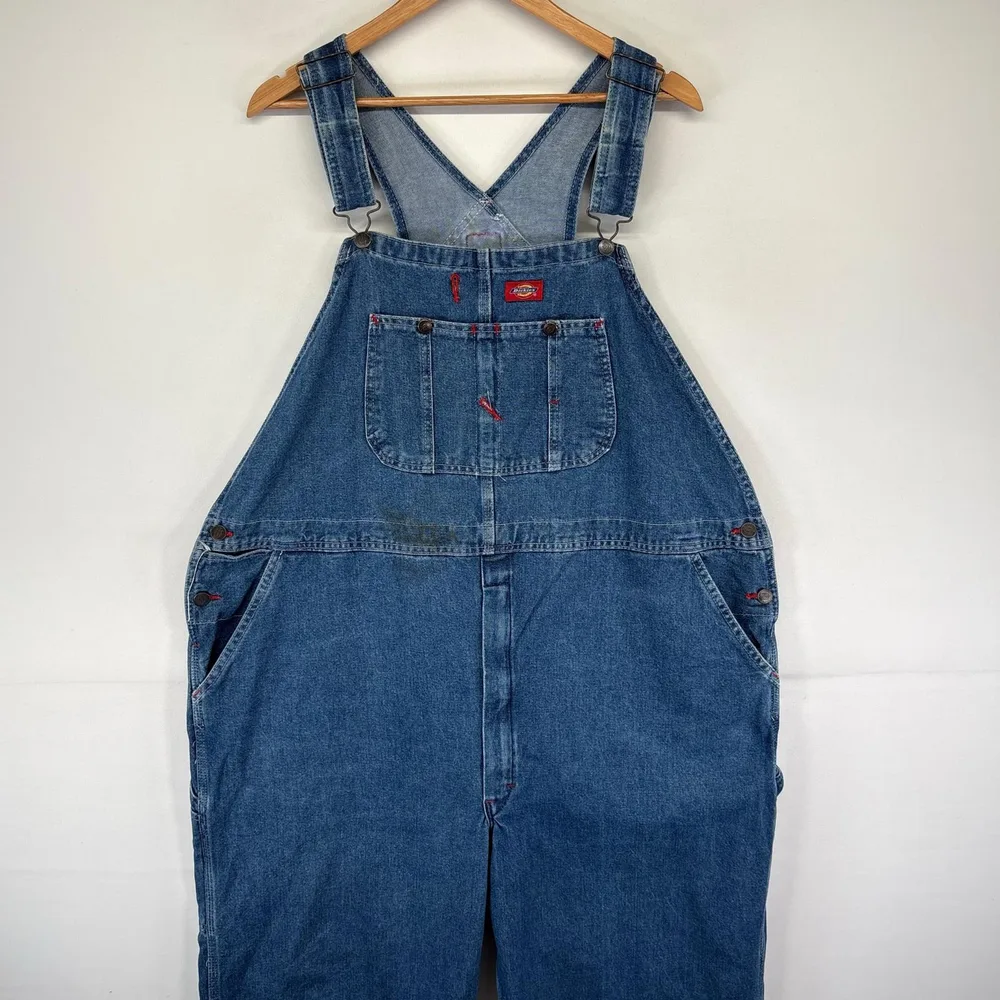 古着 ディッキーズ Dickies デニム オーバーオール ワーク ワッペン ハンマーループ 大きいサイズ 作業着 W46 L30 ブルー系 メンズ 【中古】