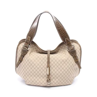 【5千円OFFクーポン対象 10/9 20時〜10/13 9:59】セリーヌ CELINE マカダム クロコ型押し ハンドバッグ バッグ キャンバス レザー ベージュ系 / カーキ系 【中古】
