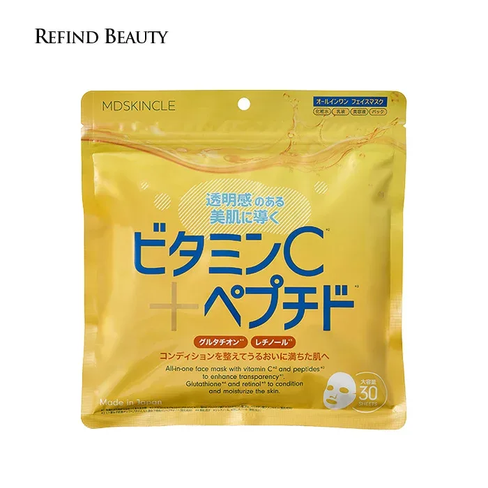 MDSKINCLE【ビタミンC+ペプチドオールインワンフェイスマスク 30P】 ビタミン ペプチド フェイスマスク シートマスク 潤い ケア 1袋 30枚入 日本製 パック マスク 時短 ビタミンC 毛穴 紫外線 オールインワン 大容量 パック 保湿
