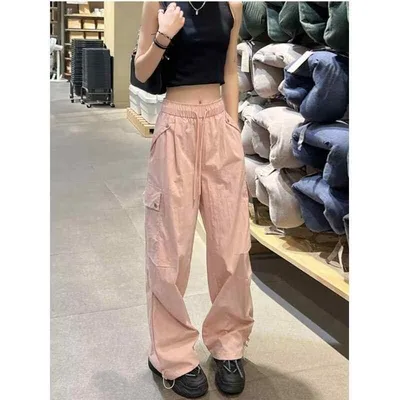 レディース 工装パンツ 夏 薄手 高腰 ワイド ゆったり 傘型 ドロップクロッチ 速乾 ポリエステル ポケット デザイン 黒 ピンク ベージュ グレー 軽量 快適 普段使い デイリー コーデ スタイリッシュ