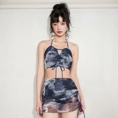 レディース 水着 分体式 2点セット ビキニ セパレート ブルー かわいい 韓国風 小清新 胸パッド付き 無骨入り ジャカード ナイロン 82% ポリエステル 92% プール 温泉 入浴 スリム お腹カバー 小胸対応 プッシュアップ 軽量 速乾 伸縮性