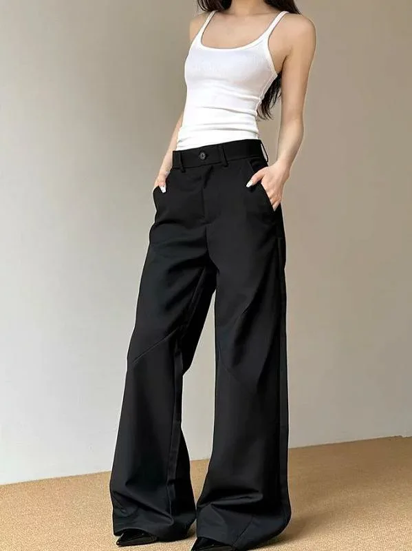 レディース ワイドパンツ スーツパンツ ロング丈 高腰 綿混紡 ポリエステル 混 アクリアン 混 ブラック グレー 通勤 気質 スタイル ゆったり 微弾力 切り替え デザイン 基本 スタイル 純色 春季 オフィス 普段使い ビジネス カジュアル 女性用