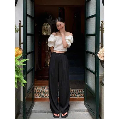 レディース スーツパンツ 高腰 顯瘦 ワイドレッグ ロングパンツ 黒 夏 アイス麻 接触冷感 通勤 気質 直筒型 夏用 軽量 垂感 スタイルアップ 女性用 ブラック ストレート ロング丈 ゆったり