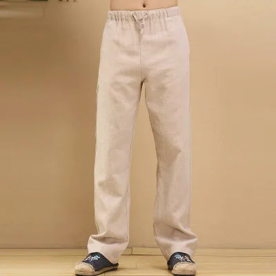 カジュアルパンツ メンズ 男性用 長ズボン 麻風 涼しい 通気性 快適 ウエストゴム 無地 春夏 秋 ブラック ベージュ ネイビー M L XL