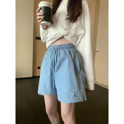 ショートパンツ レディース ハーフパンツ 五分丈 5分丈 ボトムス メッシュ ズボン 刺しゅう カジュアル 運動 スポーツ 部屋着 ランニング アウトドア 普段使い 伸縮性なし ウエストゴム ピーチピンク ブルー 杏色 ポリエステル