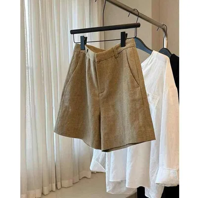 ショートパンツ レディース 短パン 五分丈 ハイウエスト リネン 亜麻 ポリエステル 薄手 通気性 ボトムス 半ズボン ハーフパンツ 無地 カキ カジュアル 普段使い 通勤 日常 快適 すっきり 美脚 着痩せ 細見え 涼しい 爽やか サマー 夏