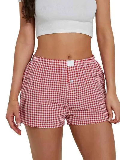 ショートパンツ レディース 短パン ボトムス ズボン サマーパンツ 夏物 接触冷感 軽量 伸縮性 通気性 高腰 ハイウエスト 美脚 ゆったり 薄手 カジュアル 部屋着 普段使い 通勤 レッド コーヒー ライトブルー チェック ストライプ