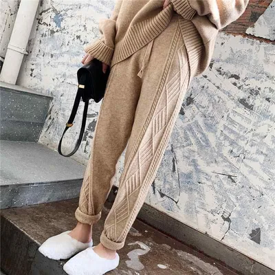 カジュアルパンツ レディース ニットパンツ テーパードパンツ ハーレムパンツ 長ズボン ボトムス ハイウエスト ウエストゴム ケーブル編み 切り替え 伸縮性 厚手 暖かい 無地 普段使い 通勤 オフィス カジュアル グレー 黒 ベージュ