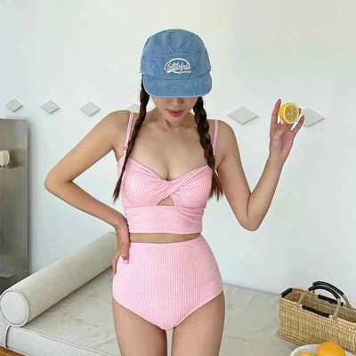 水着 レディース ビキニ スイムウェア セパレート チェック柄 格子柄 ビスチェ キャミソール 露出控えめ ハイウエスト ショートパンツ 短パン 体型カバー ノンワイヤー 胸パッド付き パッドあり 温泉 ビーチ リゾート プール 海外旅行 スタイリッシュ