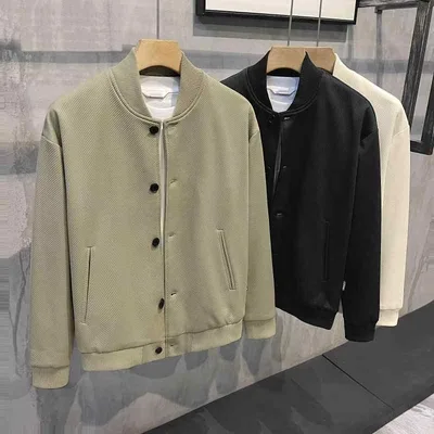ジャケット メンズ スタジャン ブルゾン ジャンパー 野球服 カジュアル アウター 羽織り 上着 トップス 春秋 長袖 立礼 立ち襟 無地 ストライプ シングルボタン 耐磨 ポリエステル 紳士服 ブラック グリーン 杏