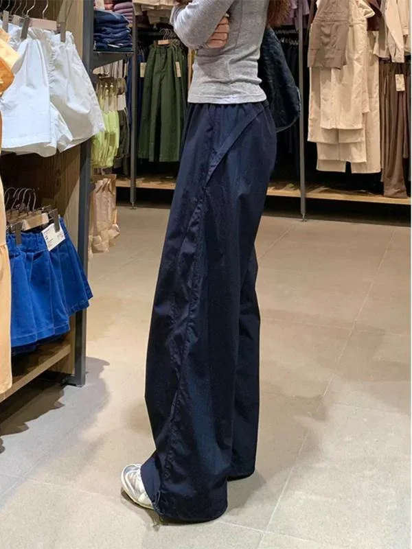 ワークパンツ レディース 紺 黒 水色 ボトムス カジュアル ストレートパンツ カーゴパンツ ワイドパンツ フルレングス ハイウエスト ルーズ 落ち感 ゆるめ ゆったり ポケット付き 切り替え シンプル 春秋 快適 普段使い 通学