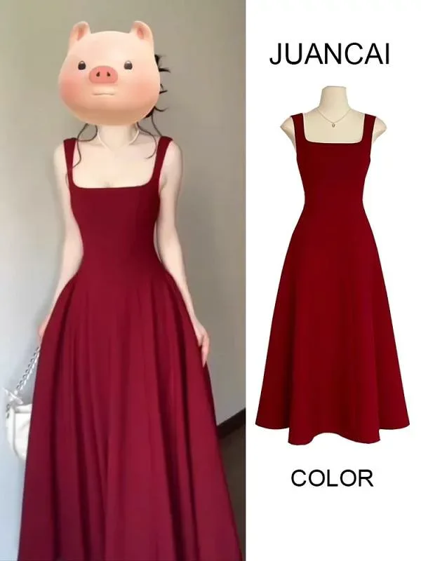 ワンピース レディース キャミソールワンピース 赤 Aライン ロング丈 フレンチスタイル 上品 高級感 ウエストシェイプ 夏
