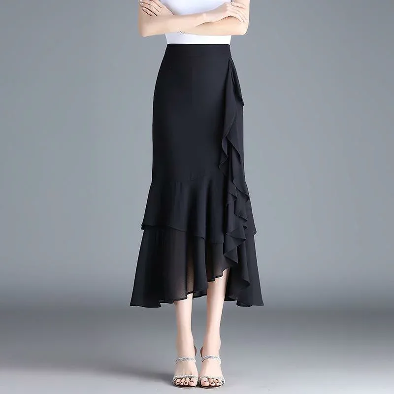 スカート レディース ロング丈 フレアスカート シフォン 荷葉(フリル)ヘム ハイウエスト Aライン マーメイド フィッシュテール タイト 裾切り替え 無地 軽やか エレガント きれいめ 上品 清楚 大人 フェミニン 通勤 オフィス デート お出かけ お