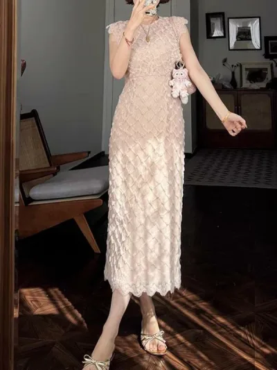 ワンピース レディース 春夏 フレンチスタイル チュール レース ノースリーブ ウエストマーク 菱形模様 モダンチャイナ エレガント シアー感 高級感 軽やか 上品 きれいめ お呼ばれ お出かけ