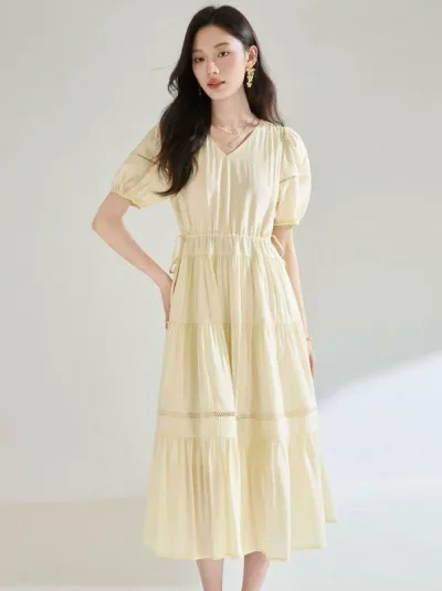 ワンピース レディース 春夏 レース 切り替え デザイン性 ウエストシェイプ ドローストリング カシュクール フェミニン 上品 きれいめ 普段使い お出かけ デート ヴィンテージ風