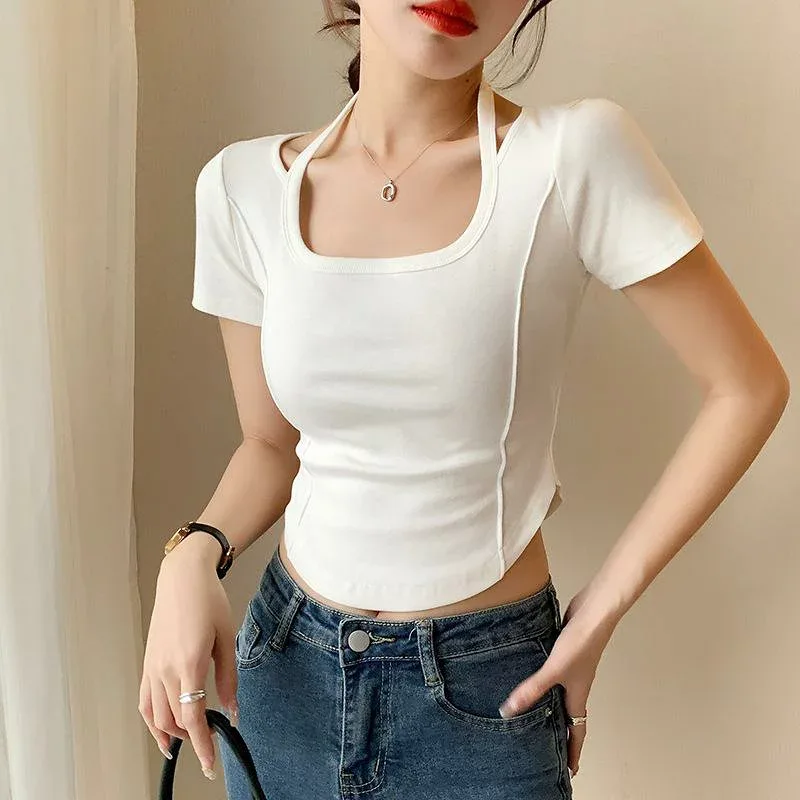 Tシャツ レディース カットソー トップス 白 半袖 ホルターネック 変形ヘム アシンメトリー 無地 インナー プルオーバー ストレッチ クルーネック カジュアル シンプル 大人 おしゃれ かわいい レディース