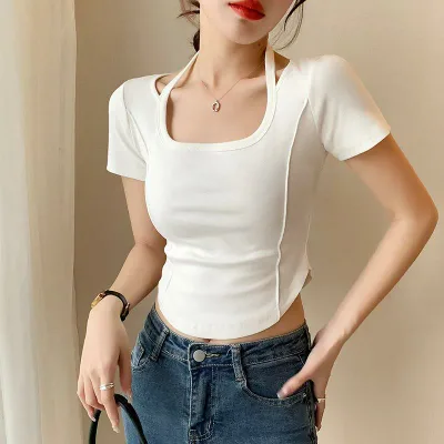 Tシャツ レディース カットソー トップス 白 半袖 ホルターネック 変形ヘム アシンメトリー 無地 インナー プルオーバー ストレッチ クルーネック カジュアル シンプル 大人 おしゃれ かわいい レディース
