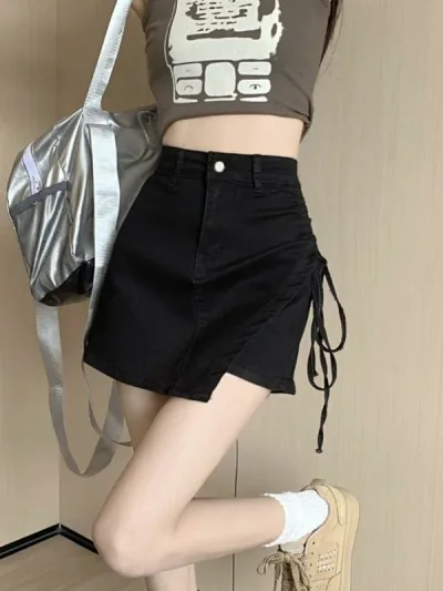 スカート レディース デニム ハイウエスト Aライン キュロットパンツ ドローストリング 大きめサイズ 痩せ見え カジュアル スタイルアップ オールシーズン