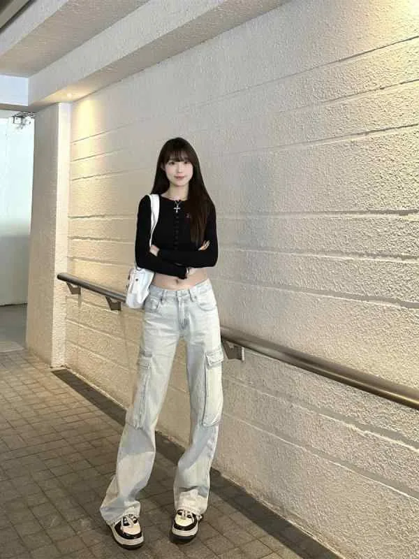牛仔裤 レディース デニムパンツ ジーパン 長ズボン ボトムス ジーンズ ローウエスト ハイウエスト 宽松 ゆったり ストレート レトロ アメカジ ヴィンテージ風 ウォッシュ加工 薄手 ブルー コットン 綿 ポリエステル
