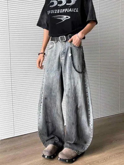 デニムパンツ ジーンズ メンズ ワイド 太め グラデーション ペイント 染め ウォッシュ ダメージ加工 ヴィンテージ風 コットン ルーズ ストレート カジュアル ストリート 10代 20代 通学 お出かけ 夏 藍グレー ブルー