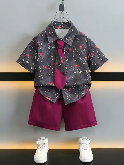 男の子 キッズ セットアップ 夏 半袖 シャツ ネクタイ ショートパンツ 3点セット 綿 コットン 薄手 花柄 切り替え パープル 90 100 110 120 130 140 150 子供服 ジュニア スーツ カジュアル フォーマル お出かけ
