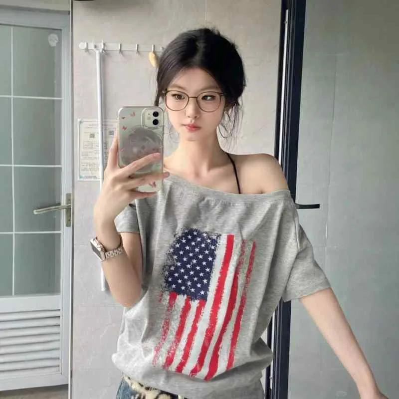Tシャツ カットソー レディース 半袖 斜めネック ワンショルダー ロゴ プリント コットン スパンデックス ストリート 系 カジュアル ギャル セクシー ルーズ ゆる トップス 夏 グレー S M L XL 20代 旅行