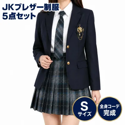 JK制服 ブレザー 5点セット 女子高生 コスプレ スクールウェア 長袖シャツ チェックスカート ネクタイ S