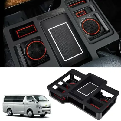 【新開発・クッションテープ・安定感パッチリ】LIMSTYLE トヨタ ハイエース 200系 ドリンクテーブル カップホルダー ドリンクホルダー ハイエース 収納 カスタマ アクセサリー パーツ内装 増設トレイ スマホホルダー コンソールボックス ラバーマット付き