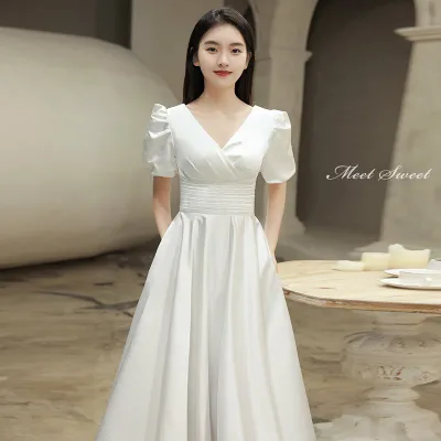 ウェディングドレス 花嫁 二次会ドレス ウエディングドレス 結婚式 Aラインドレス サテン 前撮り 半袖 袖あり 白 オフホワイト リゾート挙式 エ ミモレ丈ワンピース 春夏 披露宴