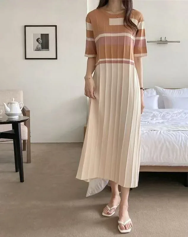 レディース 夏用 接触冷感 ニット ワンピース ラウンドネック 切り替えカラー フィット ストレートシルエット 短袖 ゆったり 軽量 通勤 普段使い 綿混 ビッグシルエット