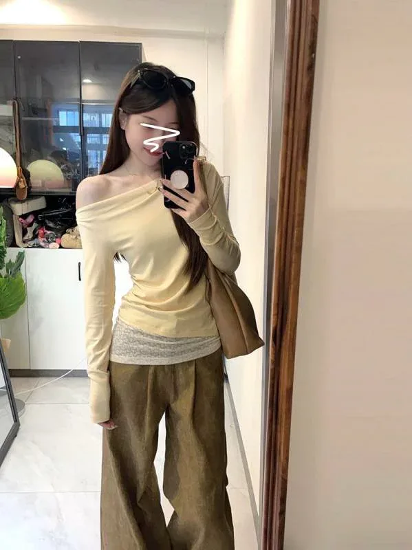 長袖Tシャツ レディース レース 切り替え モダール混 スリムフィット イエロー スタイリッシュ アメリカンスタイル 普段使い 軽量 伸縮性 通勤対応 トップス
