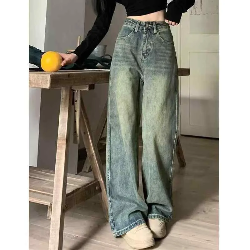 デニムパンツ レディース 秋 ハイウエスト ワイドレッグ ストレート ロング丈 ビンテージ ワッシュド スリム レトロ ストリート カジュアル デニム素材 ゆったりシルエット