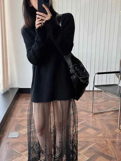 レディース 春夏 ワンピース レトロ レース 網紗 羊毛 ニット ロング 軽やか ふんわり 高級感 シルエット 日常使い 柔らかい 素材