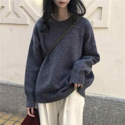 ニットセーター レディース 秋冬 厚手 ゆったり 丸首 柔らかい 暖か トップス リラックス スタイル 韓国風 インナー ニット 長袖 ビッグシルエット