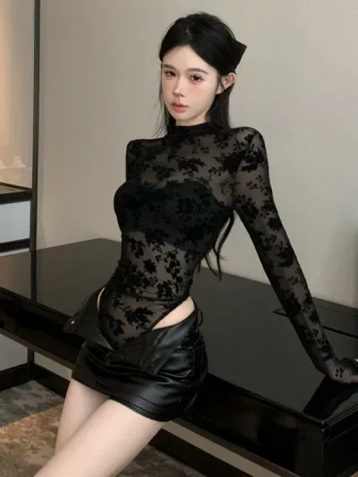 レディース ボディスーツ ハーフハイネック セクシー シースルー 長袖 トップス 春秋 ベルベット メッシュ スリム 効果 ストレッチ 素材 カジュアル スタイル