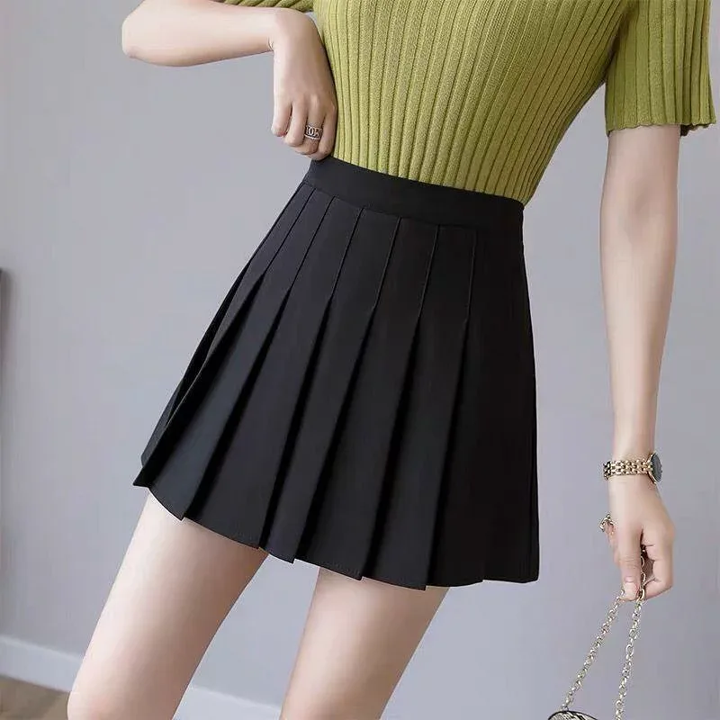 スカート レディース 春夏 秋冬 ミニスカート プリーツスカート 膝上 Aライン ハイウエスト 細見え 着痩せ 体型カバー 無地 普段使い 通学用 デート用 カジュアル 制服風 インナーパンツ付き 裏地あり 脚長 美脚 ブラック ベージュ
