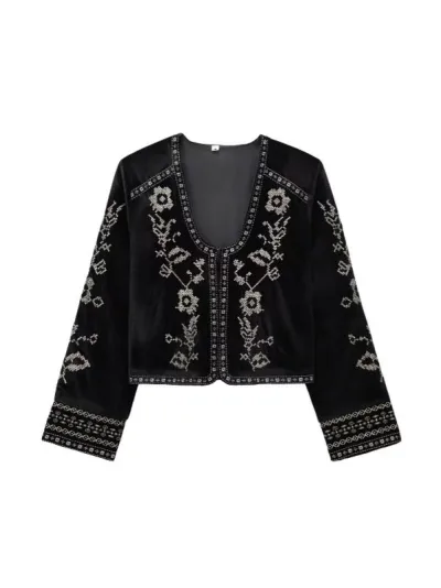 ジャケット レディース アウター 上着 羽織り トップス 秋冬 黒 ブラック ベロア ベルベット 刺繍 ビーズ 刺しゅう 長袖 高級感 上品 大人 エレガント きれいめ カジュアル フォーマル パーティー お呼ばれ 通勤 旅行 防寒 暖かい シック