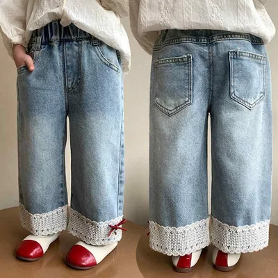 長ズボン 女の子 キッズ ジュニア デニムパンツ ジーンズ ボトムス ジーパン 子供服 スボン リボン フリル 切り替え かわいい おしゃれ ウエストゴム ガールズ 春秋 伸縮性 ストレッチ 普段使い 通学 お出かけ