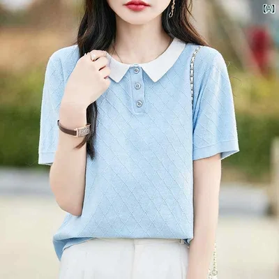 Tシャツ レディース 半袖 トップス ポロシャツ カットソー 襟付き 綿 混 コットン ニット サマーニット プルオーバー 異色 切り替え バイカラー 配色 切替 普段使い オフィス カジュアル 通学 通勤 デート 伸縮性 通気性 春夏 さわやか かわい