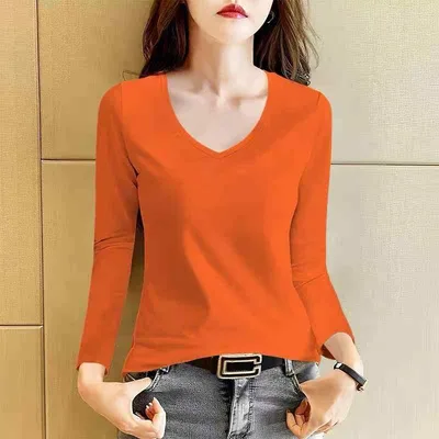 Tシャツ レディース 女性用 トップス カットソー インナーシャツ 長袖 Vネック タイト 伸縮性 ストレッチ ぴったり フィット 無地 飾りボタン 部屋着 普段使い 通勤 通学 インナー 重ね着 暖か 防寒 秋冬 秋物 オレンジ系 キャロットカラー カ