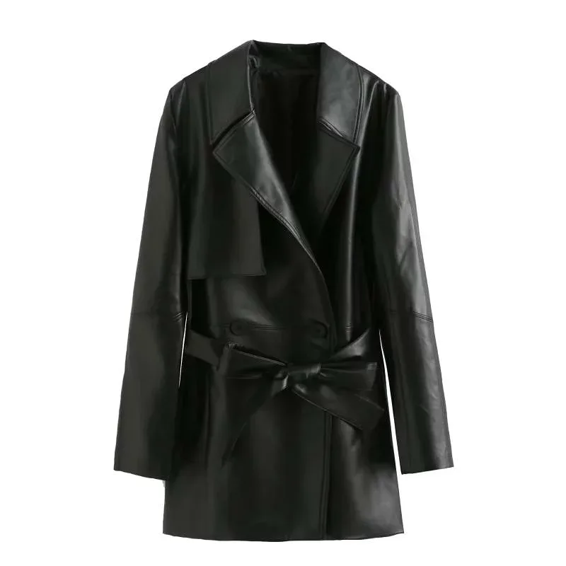 レザージャケット レディース アウター 秋服 上着 コート 長袖 膝丈 ミドル丈 ロング丈 ウインドブレーカー 高級感 ゆったり 着痩せ 体型カバー ベルト付き ウエストマーク スタイルアップ 通勤 通学 普段使い 普段着 お出かけ カジュアル きれいめ