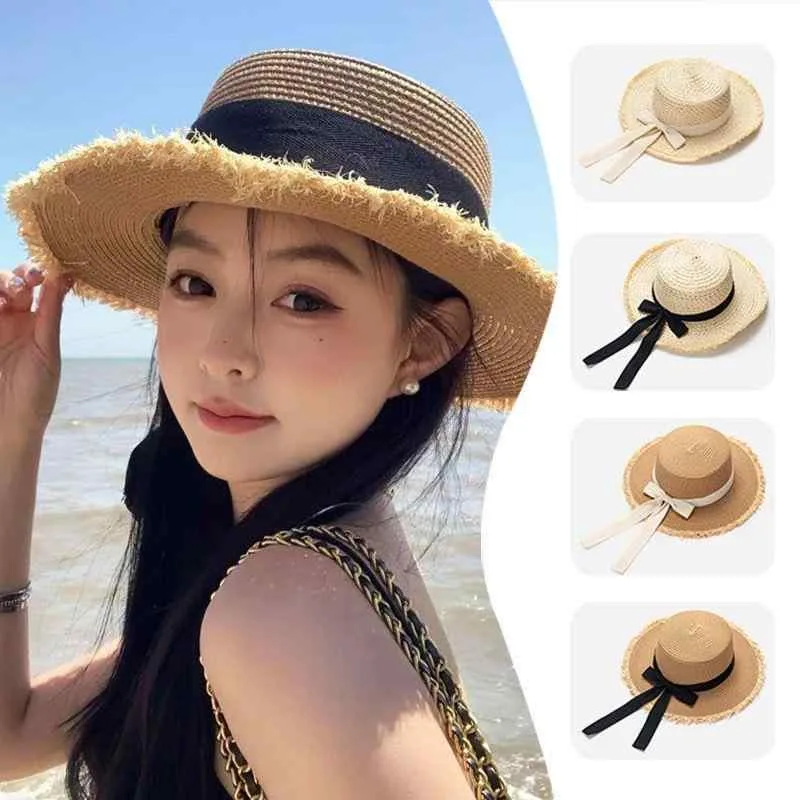 麦わら帽子 レディース 夏 海辺 ビーチ バカンス リボン フリンジ 平頂 編み込み 日よけ ハワイアン スタイル 軽量 遮陽 女性用 サマーハット 麦わらハット 度假用 太陽対策