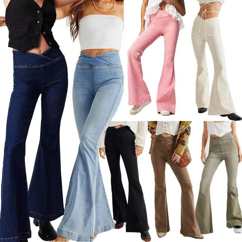 レディース 牛仔パンツ ハイウエスト ラフカット スリムフィット ストレッチ デニム フレアパンツ ロング丈 スリムシルエット 脚長効果 日常使い 軽量 再生繊維 ブルー系 通年